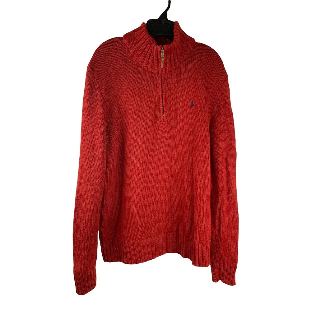 Ralph‎ Lauren Sweater Men's Large Po1o Pullover 100% Cotton Knit Red